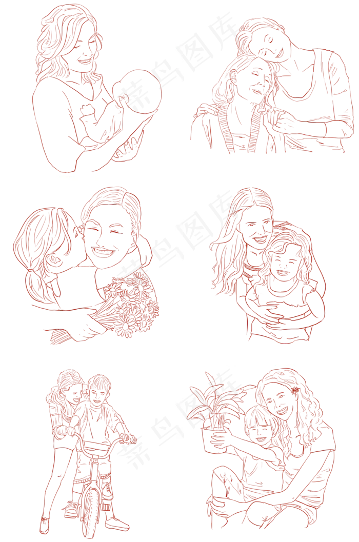 母亲节之亲子互动线稿免抠png(2000X3020(DPI:300))psd模版下载