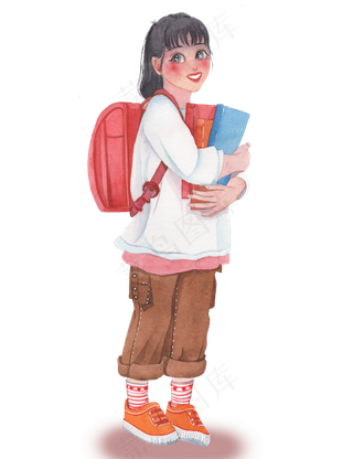 中学生开学季手绘水彩背书包的小