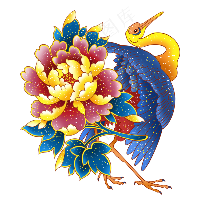国潮花鸟牡丹仙鹤,免抠元素(2000X2000(DPI:300))psd模版下载