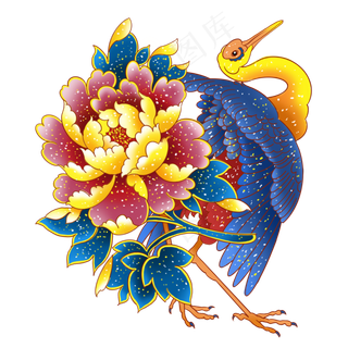 国潮花鸟牡丹仙鹤,免抠元素
