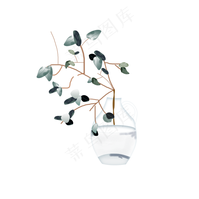 玻璃瓶里的水墨植物