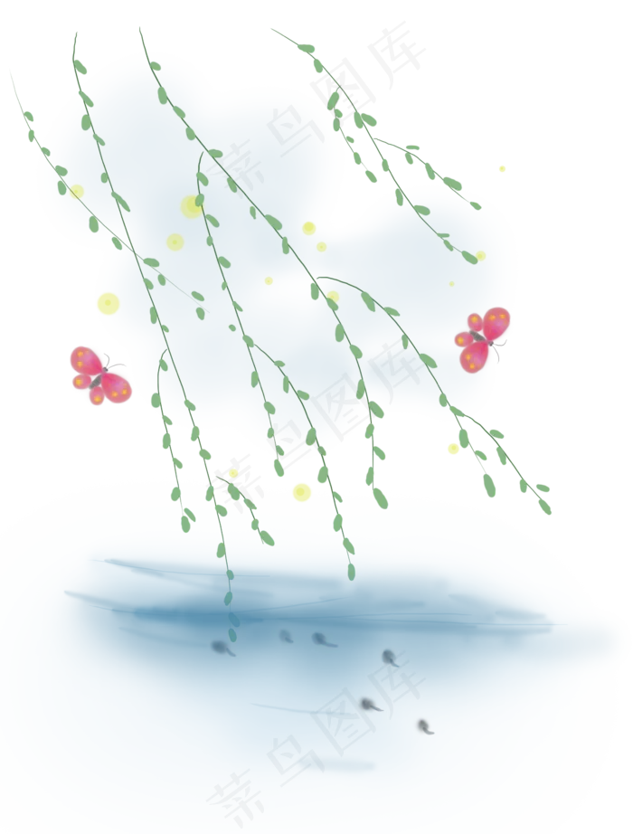 春天湖上的柳枝和蝴蝶,免抠元素(2356X3104(DPI:300))psd模版下载