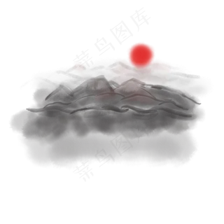 水墨山红日山水写意古典国画黑白