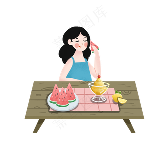 大暑吃西瓜冰激淋的女孩