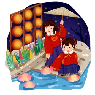 中国传统节日之元宵节汉服女孩河,免抠元素