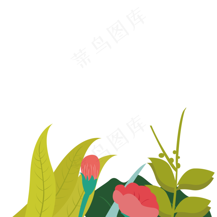 卡通红花绿叶免扣图