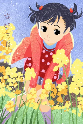 简约你好三月春天春暖花开少女