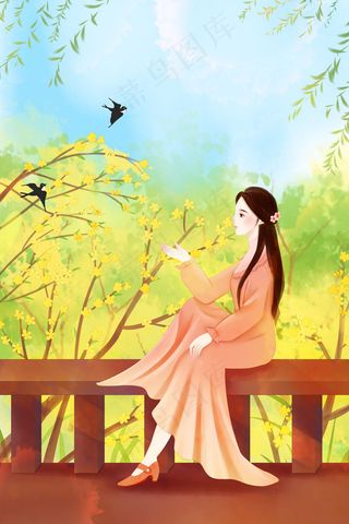 立春少女观赏迎春花