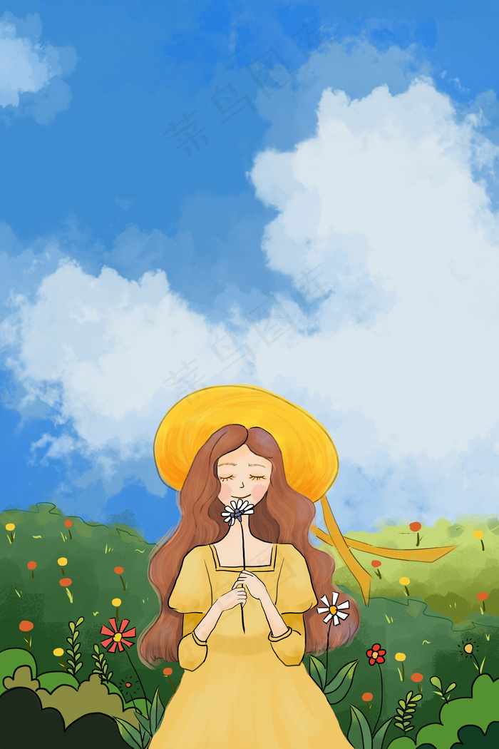 夏天漫画风夏景女孩花草蓝天白云(3545*5315px 300 dpi )psd模版下载