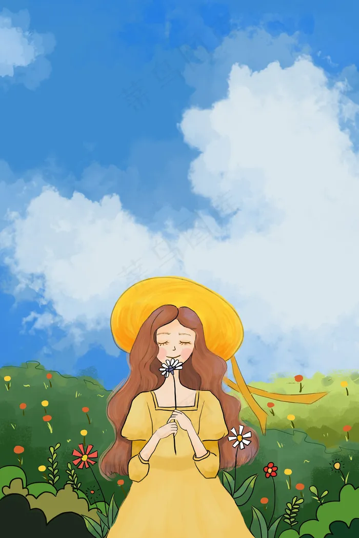 夏天漫画风夏景女孩花草蓝天白云(3545*5315px 300 dpi )psd模版下载