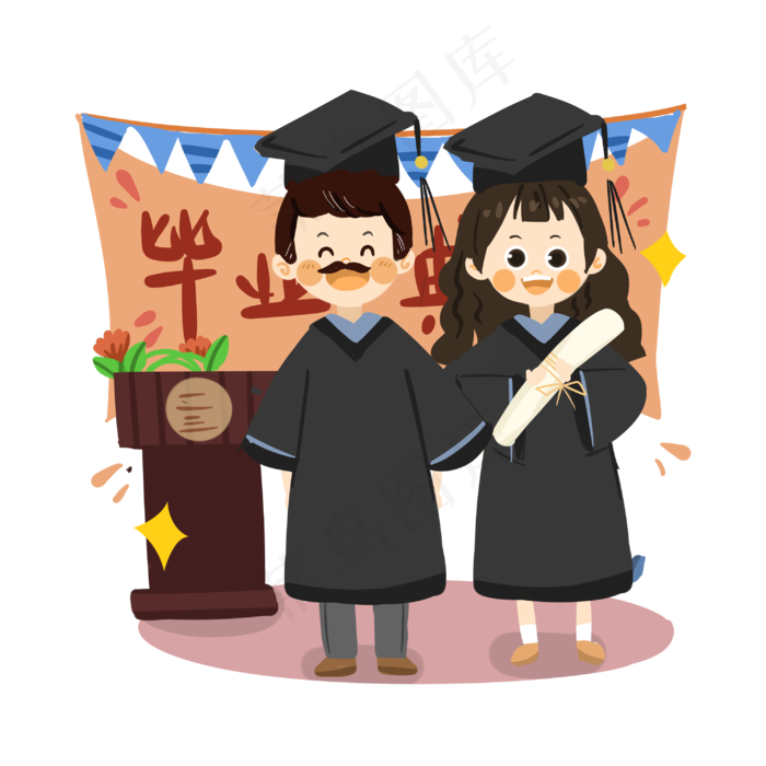卡通女孩毕业季和导师拍照PNG(2999X2999(DPI:300))psd模版下载