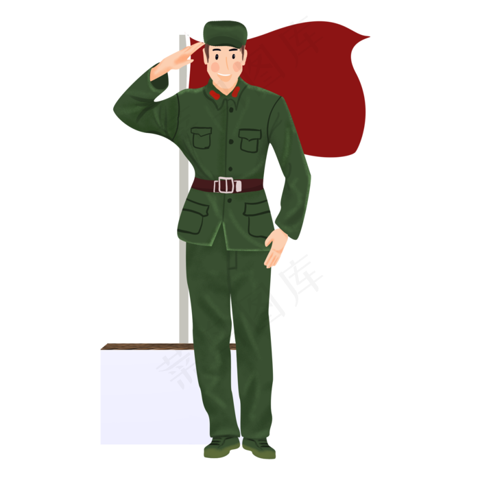 国旗下敬礼的解放军同志