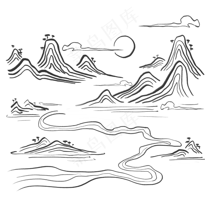 中国风山水白描枯笔群山流水素材,免抠元素(3000X3000(DPI:300))psd模版下载