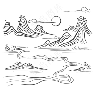 中国风山水白描枯笔群山流水素材,免抠元素