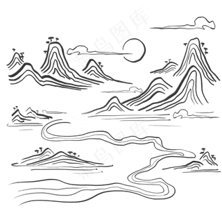 中国风山水白描枯笔群山流水素材,免抠元素