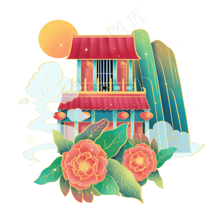 国潮风古风阁楼,免抠元素