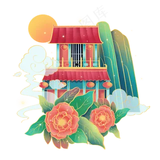 国潮风古风阁楼,免抠元素