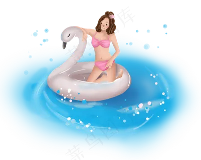 大暑手绘火烈鸟泳圈和女孩