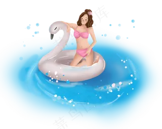 大暑手绘火烈鸟泳圈和女孩