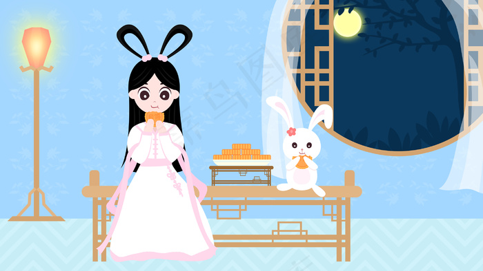 中秋节满月嫦娥玉兔人间月饼手绘插画psd
