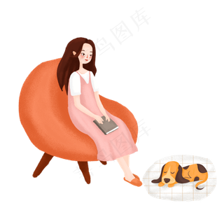 手绘唯美看书的女孩与狗,免抠元素