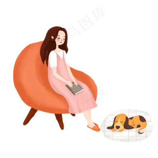 手绘唯美看书的女孩与狗,免抠元素