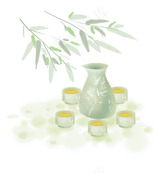 淡色竹子和淡绿色酒壶,免抠元素