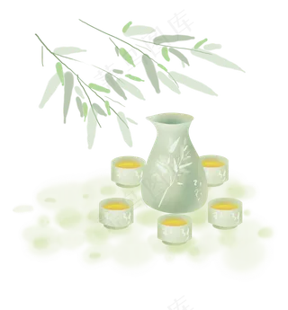 淡色竹子和淡绿色酒壶,免抠元素