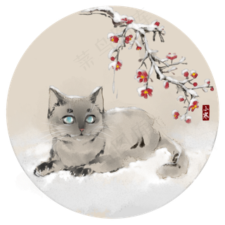 手绘中国风24节气小寒狸猫雪中戏�,免抠元素