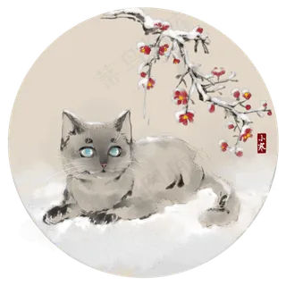 手绘中国风24节气小寒狸猫雪中戏�,免抠元素