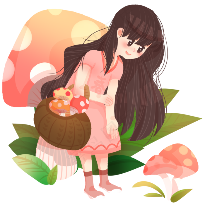 春分采蘑菇的小女孩,免抠元素