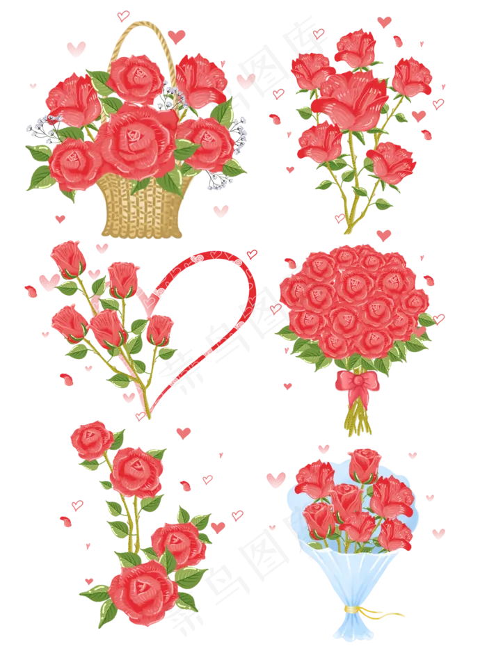 花篮手绘情人节浪漫玫瑰花束植物,免抠元素(3072X4107(DPI:72))psd模版下载