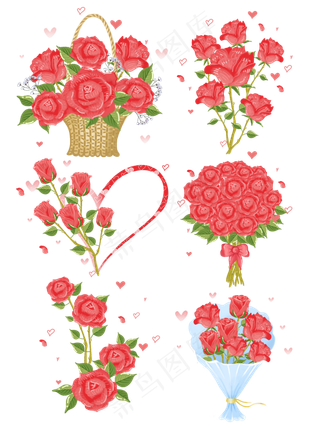 花篮手绘情人节浪漫玫瑰花束植物,免抠元素