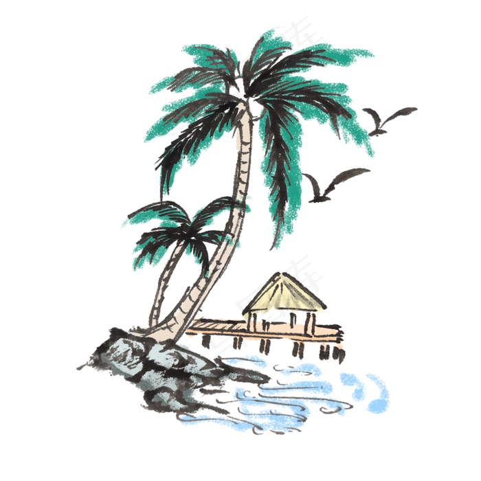 夏天新鲜椰子水墨手绘