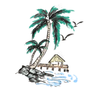 夏天新鲜椰子水墨手绘