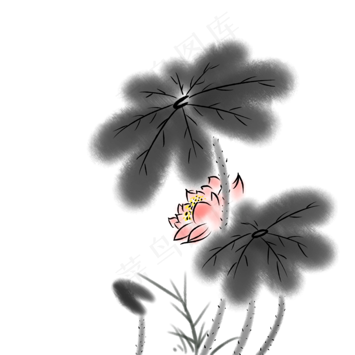 水墨荷花淡雅夏天(3000X3000(DPI:300))psd模版下载