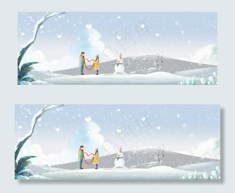 大寒冬天下雪山脉树枝手绘卡通banner