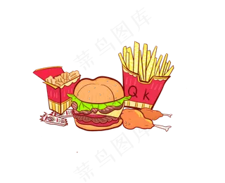 汉堡鸡米花薯条鸡腿番茄酱快餐