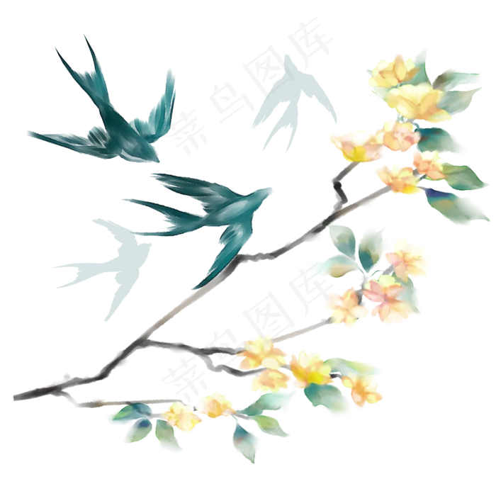 水墨花燕子手绘水粉春天,免抠元素