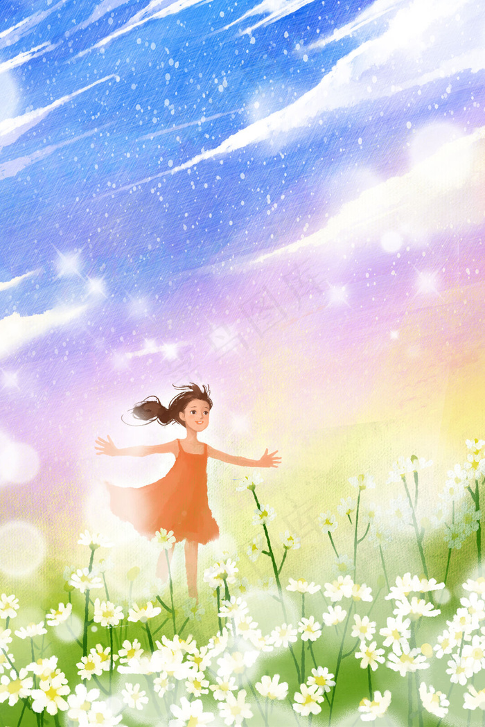 小女孩在夏天的花海游玩