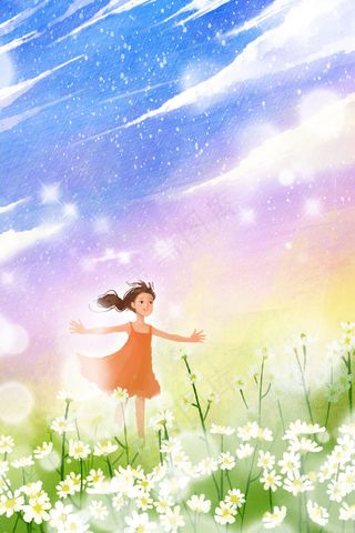 小女孩在夏天的花海游玩