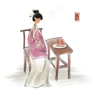 大暑吃西瓜的古代少女,免抠元素