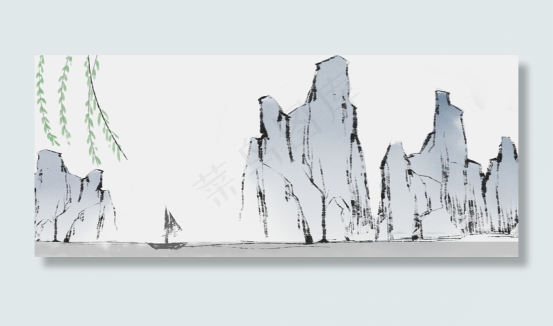 中国古风手绘山水柳树