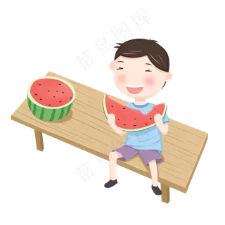 大暑卡通小男孩吃西瓜