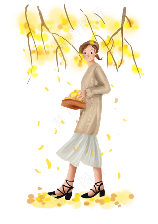 立秋黄色树下的女孩和落叶,免抠元素