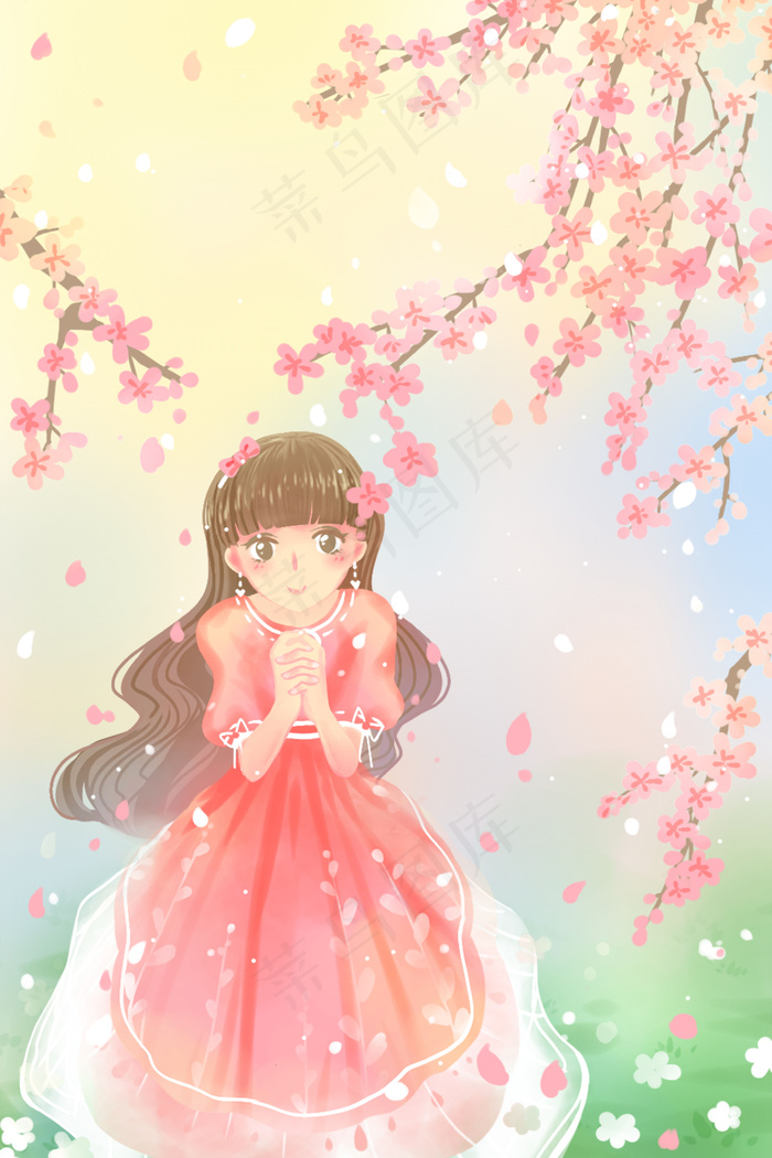 粉色唯美卡通小清新春季赏春春游郊游配图