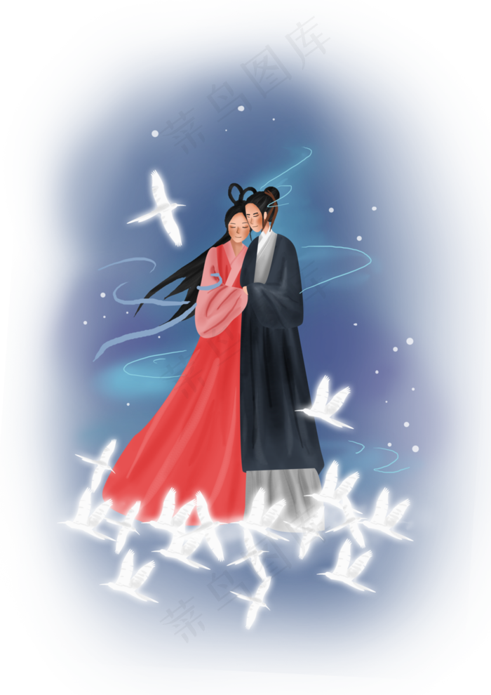 七夕情人节牛郎和织女素材,免抠元素(3508*4961px 300 dpi )psd模版下载