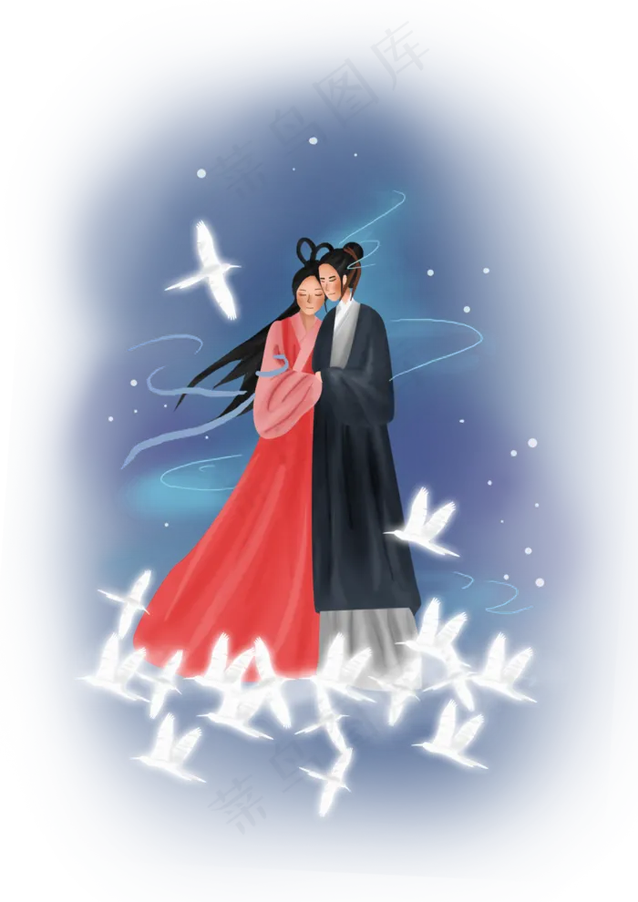 七夕情人节牛郎和织女素材,免抠元素(3508*4961px 300 dpi )psd模版下载