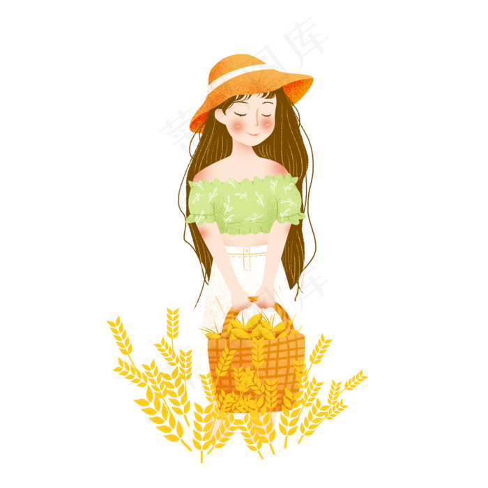 芒种拾穗麦子女孩png素材