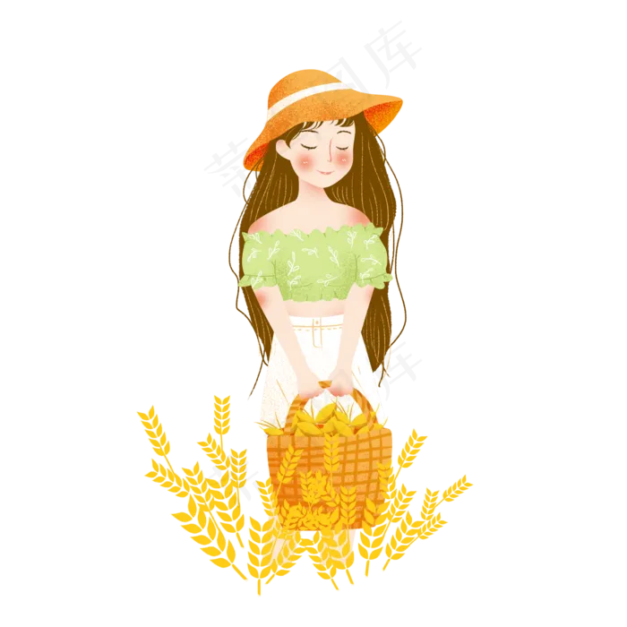 芒种拾穗麦子女孩png素材(2000X2000(DPI:300))psd模版下载